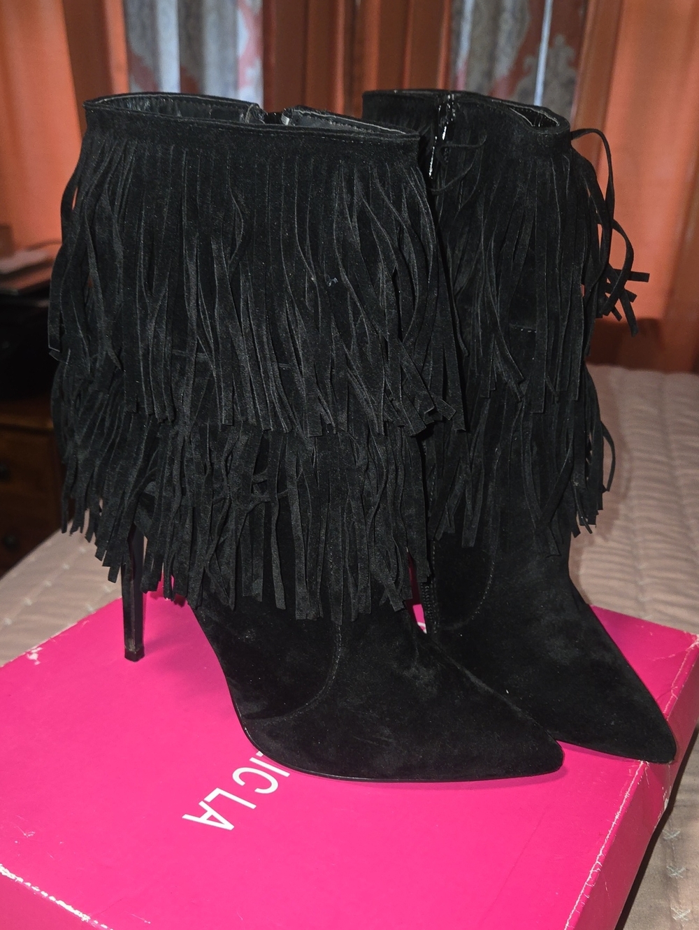 Shoe Republic LA Black Suede Fringe Stiletto Ankle Boots